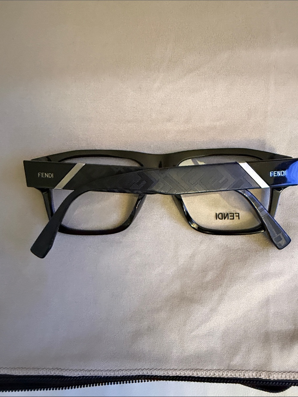 Fendi Black Men’s Rectangular Logo Temple Glasses with Silver Accents